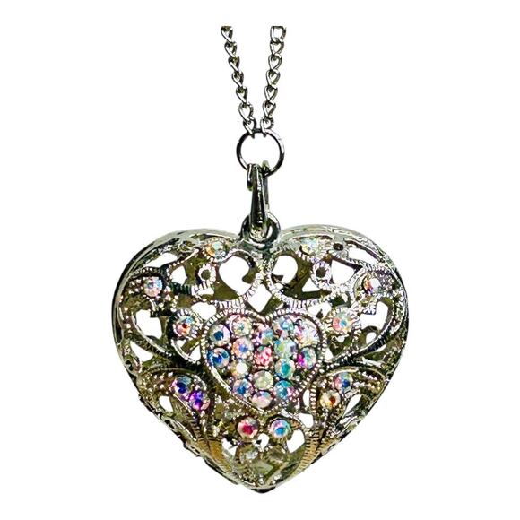 Filigree Open Work AB Sparkly Puffy Heart Silver Tone Pendant Necklace - Picture 1 of 4